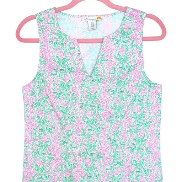 C&C California Pink Green Palm Tree Print Sleeveless Shift Dress V-Neck - Picture 4 of 10
